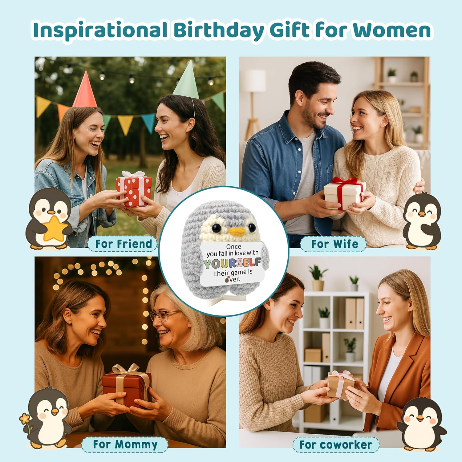 Funny Inspirational Gifts for Women Birthday - Cute Crochet Penguin with Badass Affirmation Cards - Motivational Presents for Female Best Friends Sister Daughter Coworkers - Positive Gifts for Her - Image 4