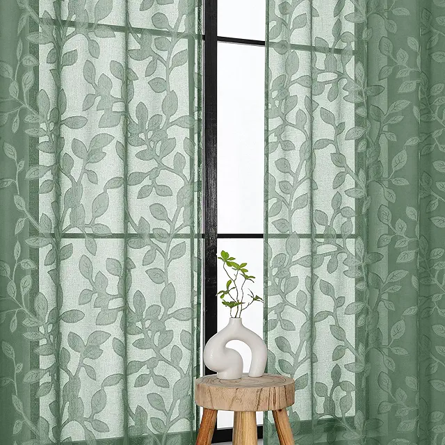 Cortinas Traslúcidas Verde Salvia con Patrón de Hojas para Sala de Estar