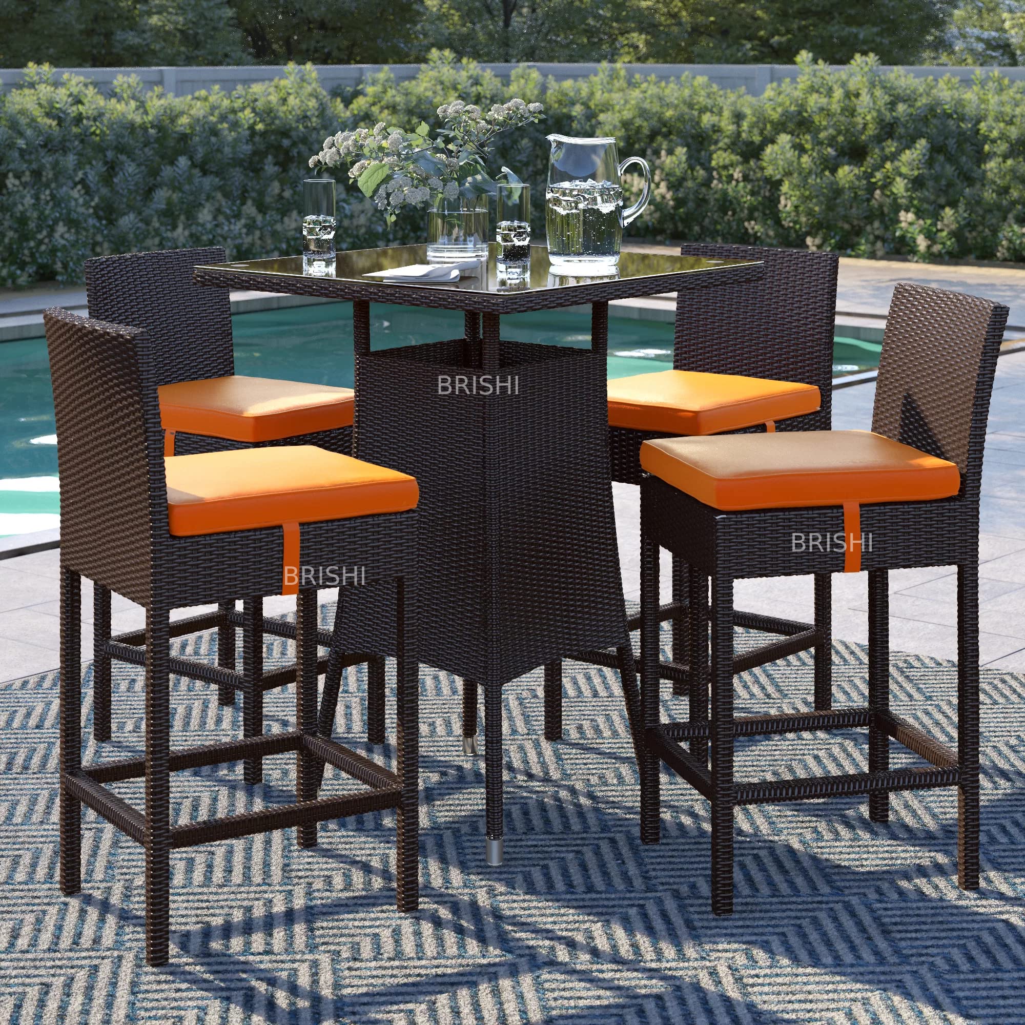 BRISHI Outdoor Bar Set Garden Patio Bar Set 1+4 4 - Chairs and 1 Table Set Balcony Bar Table with Stool Set (Brown)-image-40