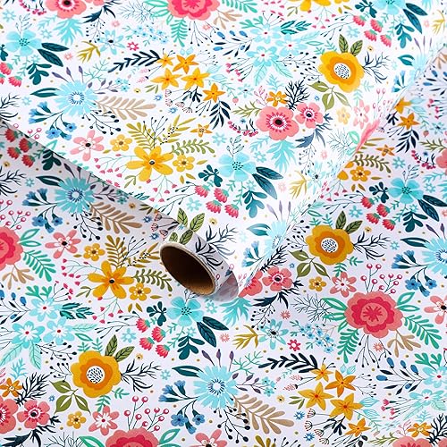 Miss DuiDui Foral - Rollo de papel de regalo, 17 pulgadas x 32.8 pies, colorido diseño de flores de primavera y verano para cumpleaños, bodas, día