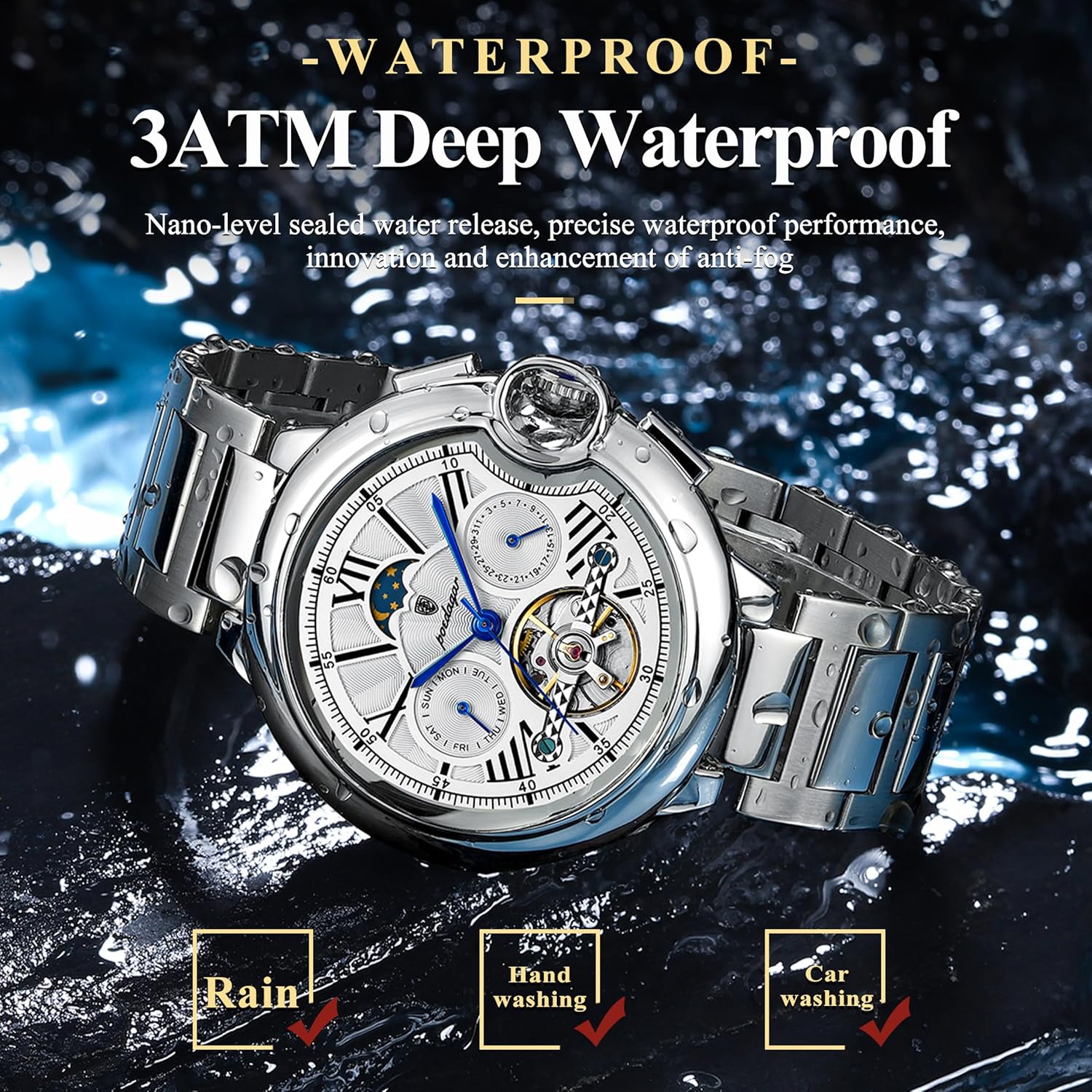 Diamond Skeleton Automatic Mechanical Watch Stainless Steel Mesh Band Luminous Hand Men Watches Sport Business Wristwatch