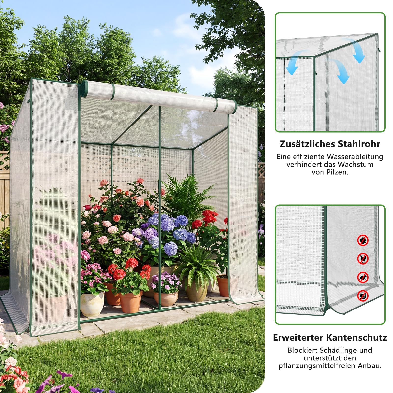 SUNYRISY Tomaten Gewächshaus Klein Foliengewächshaus 200x100x170 cm, Tomatenhaus Tomatenzelt mit Tomatendach, Greenhouse mit Rollentür und Windschutzseil für Balkon Outdoor, Weiß