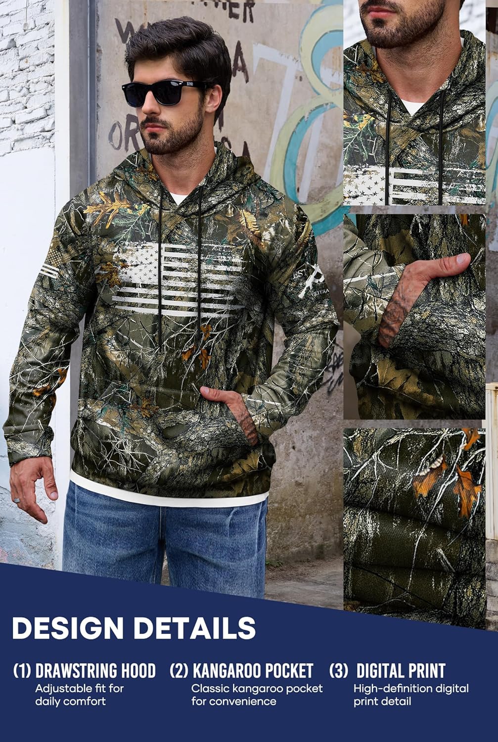 Mainfini Men's American Flag Camo Hoodie Fleece-Lined Patriotic Military Sweatshirt with Kangaroo Pocket (S-3XL) - Image 6