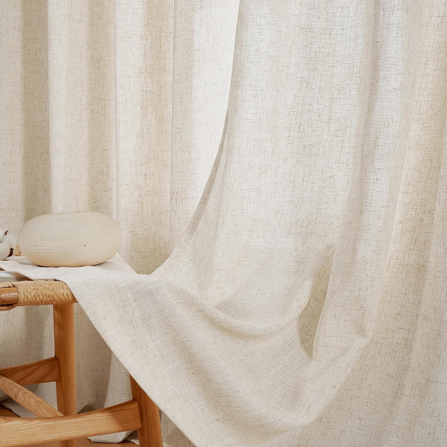 Deconovo Boho Curtains, Linen Blend Semi Sheer Curtains, Linen Look Grommet Solid Textured Drapes for Sliding Door, Flaxen, 2 Panels, 52x108 Inch