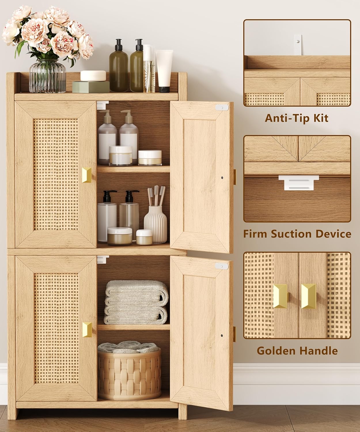 Rattan Small Bathroom Cabinet with 4 Doors, 15" W Bathroom Floor Cabinet, Bathroom Organizer and Storage with Adjustable Shelves for Small Spaces, Natural Oak