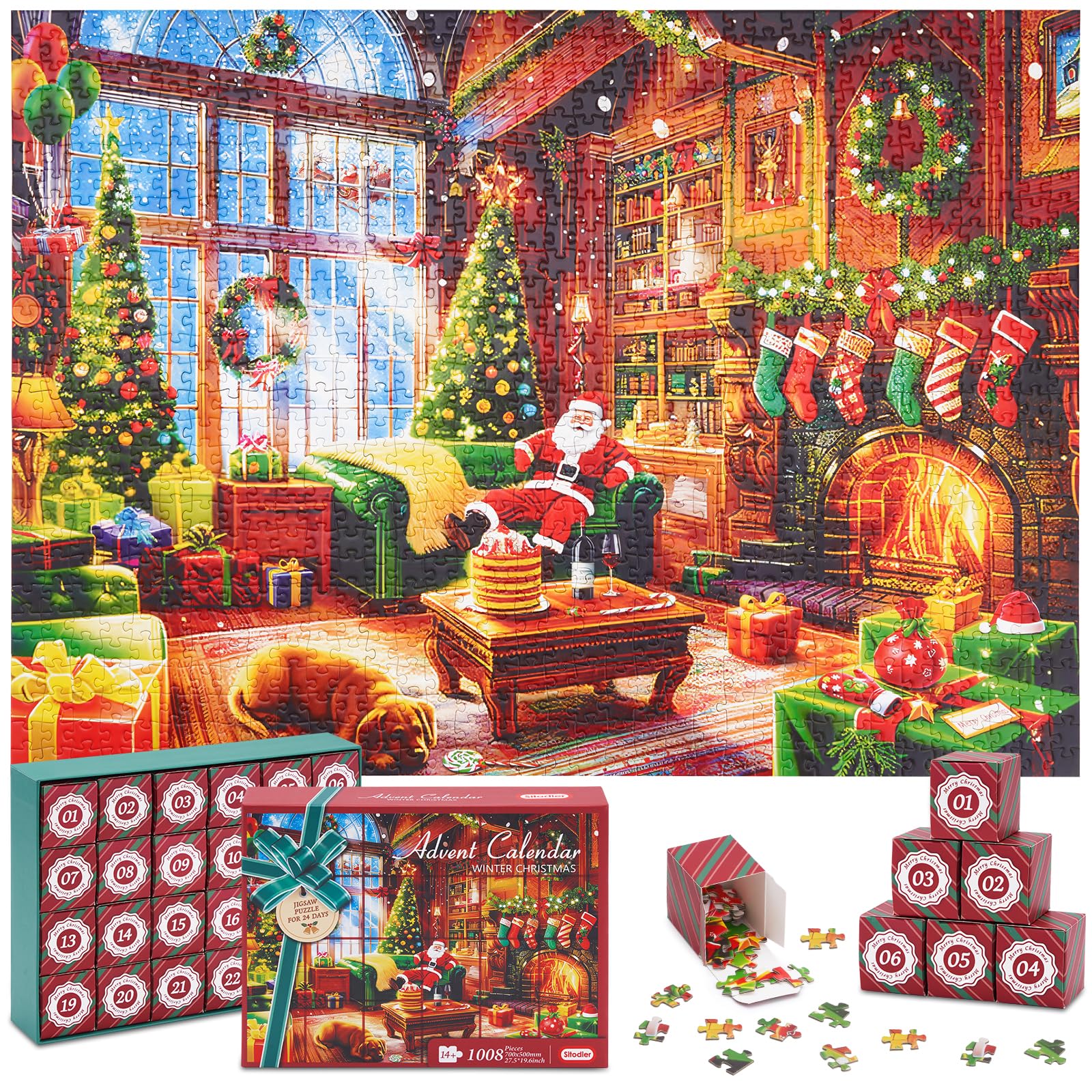 Sitodier 2024 Advent Calendar Puzzle, 1008pcs Christmas Jigsaw Puzzle for Kids and Adults, 24 Days Santa Christmas Countdown Puzzle Toy Family Game Gifts for Kids Teens