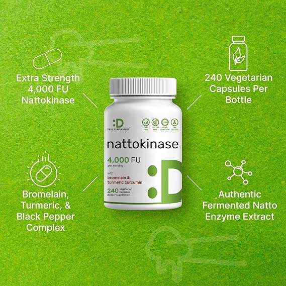 Nattokinase Supplement 4,000 FU Per Serving, 240 Veggie Capsules Japanese Natto with Bromelain, Turmeric Curcumin & Black Pepper Complex Digestive Enzymes & Heart Health Non-GMO, Vegan