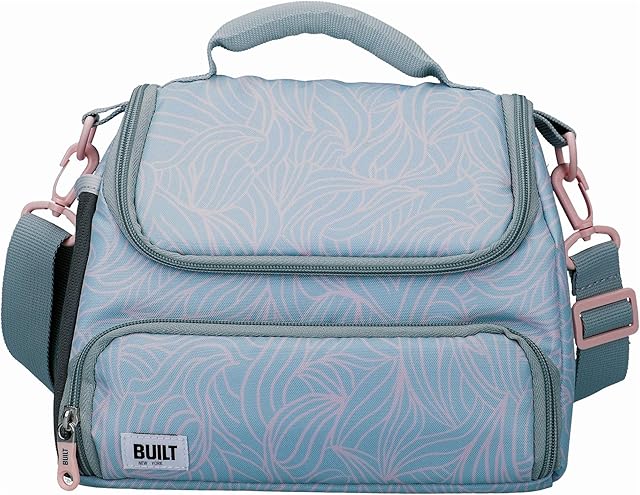 BUILT Insulated Lunch Bag with 'The Mindful' Design, Polyester, Grey/Pale Pink, 18.5 x 27 x 21 cm