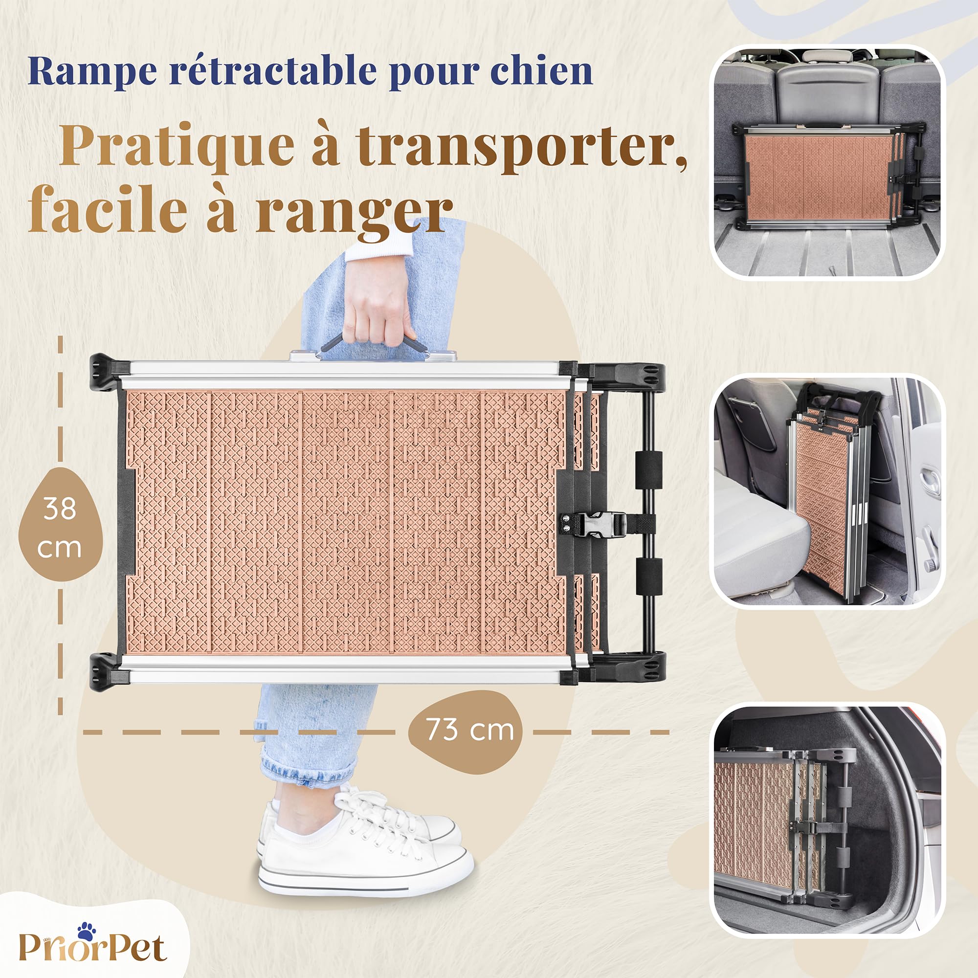 Rampe pour Chien Voiture, SUV - Stable - Antidérapante - Capacité 90kg - Design Compact - Rampe Télescopique pour Grands Chiens - Bordures Réfléchissantes pour la Sécurité - Clip de Fixation - Sable
