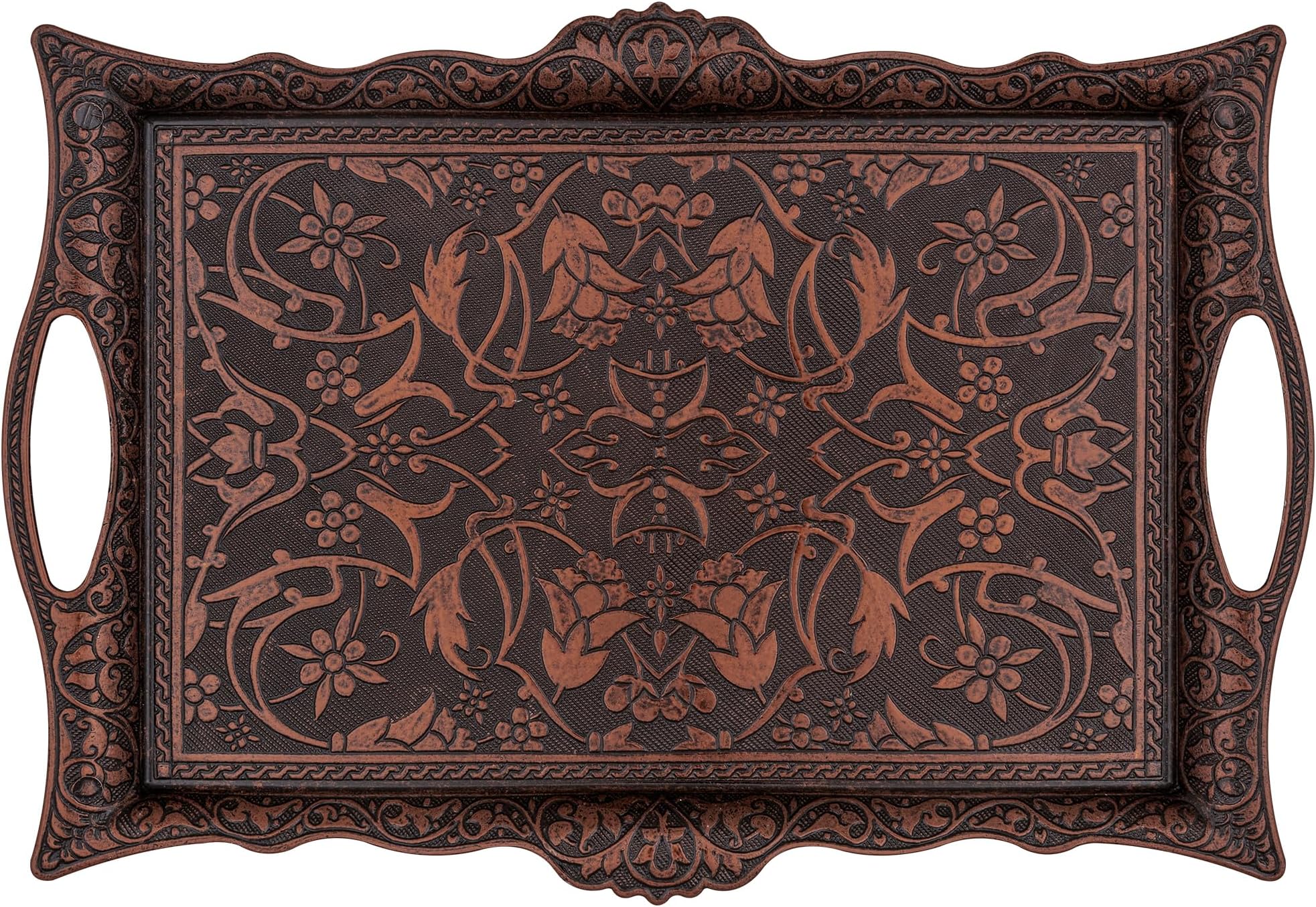 Alisveristime Ottoman Turkish Zamak Serving Tray with Traditional Motifs, Ideal for Coffee and Tea - Six Person Tray (14.5 x 9.85 in) (Copper)