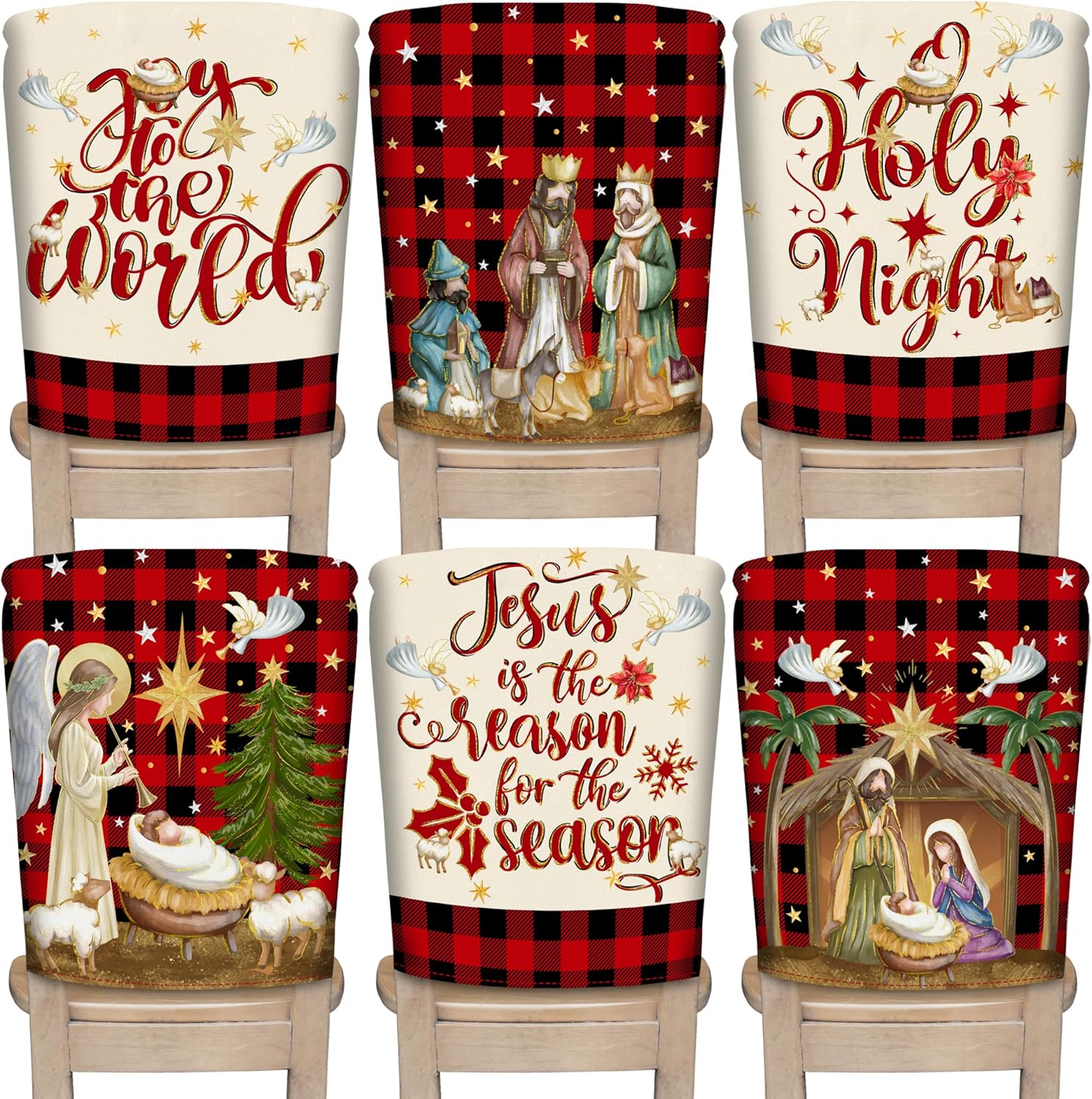 TREWAVE Christmas Chair Covers Set of 6 Buffalo Plaid Nativity Scene Chair Back Covers Holiday Dining Chair Slipcovers Protector Kitchen Dining Room Decor Festival Party Decoration