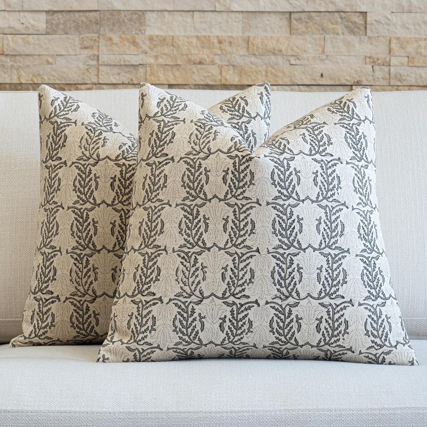 FIOUOVO Floral Throw Pillow Covers 20x20 Set of 2 Block Print Cushion Covers Farmhouse Neutral Accent Decorative Pillow Covers Home Decor for Sofa Couch Living Room Bedroom, Light Taupe
