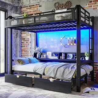 Bellemave Twin Over Twin Bunk Bed Frame with Storage Shelves & Drawers, Metal Bunk Bed Twin Over Twin with Charging Station & LED Lights, Space Saving Beds Frame Convertible to Sofa Design, Black