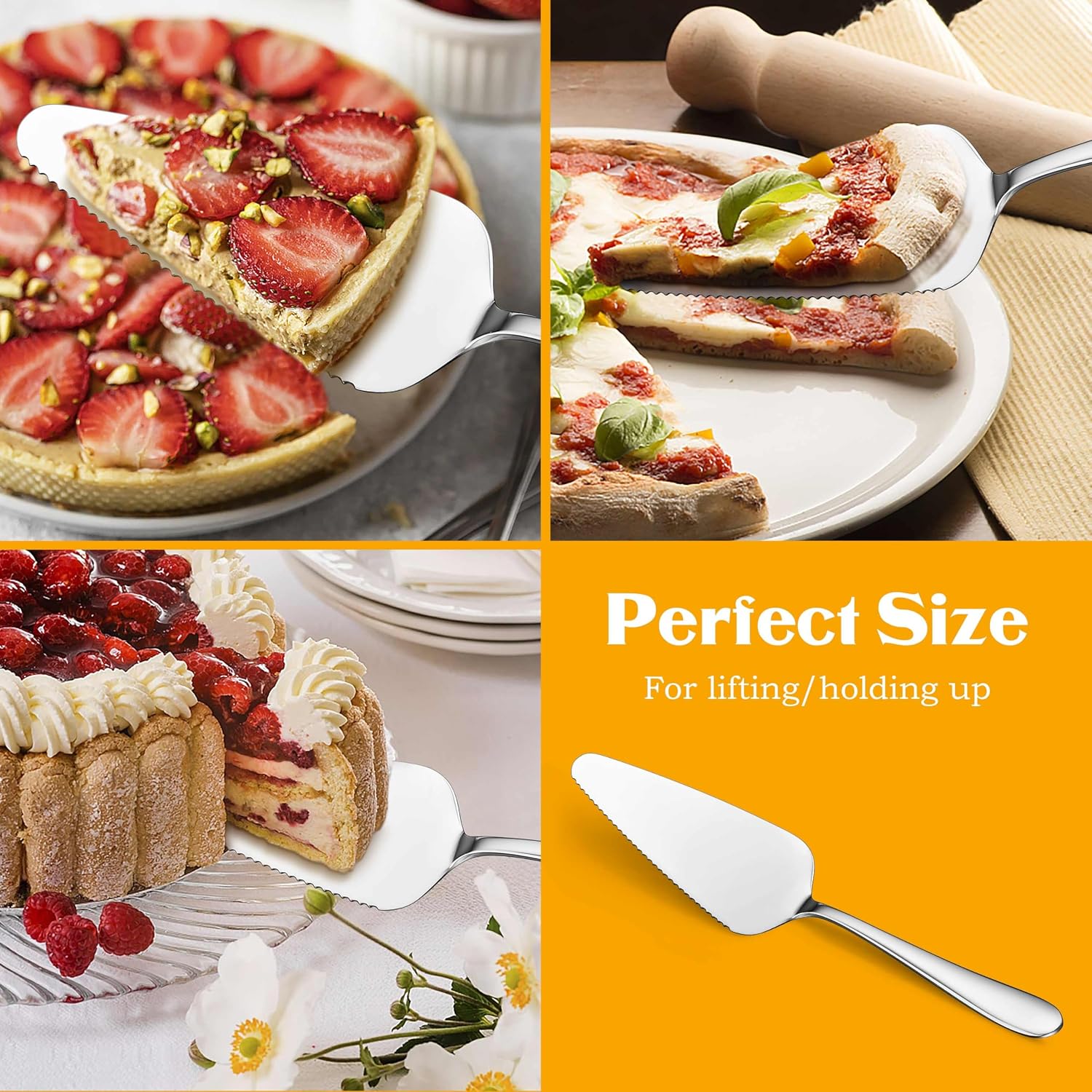 E-far 5-Piece Pie Server, Stainless Steel Cake Server Spatula Cutter for Pastry Cheese Pizza, Serrated Edge with Oval Handle, Mirror Polished & Dishwasher Safe-9 Inch