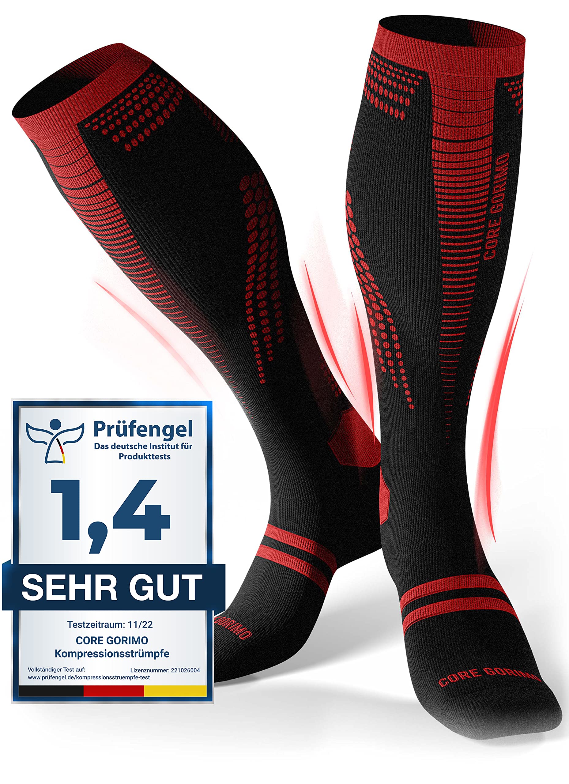 CORE GORIMO - Kompressionsstrümpfe Sport - Atmungsaktiv - Stützstrümpfe & Thrombosestrümpfe Herren und Damen für Sport, Flug und stehende Berufe (schwarz/rot, 43-46)