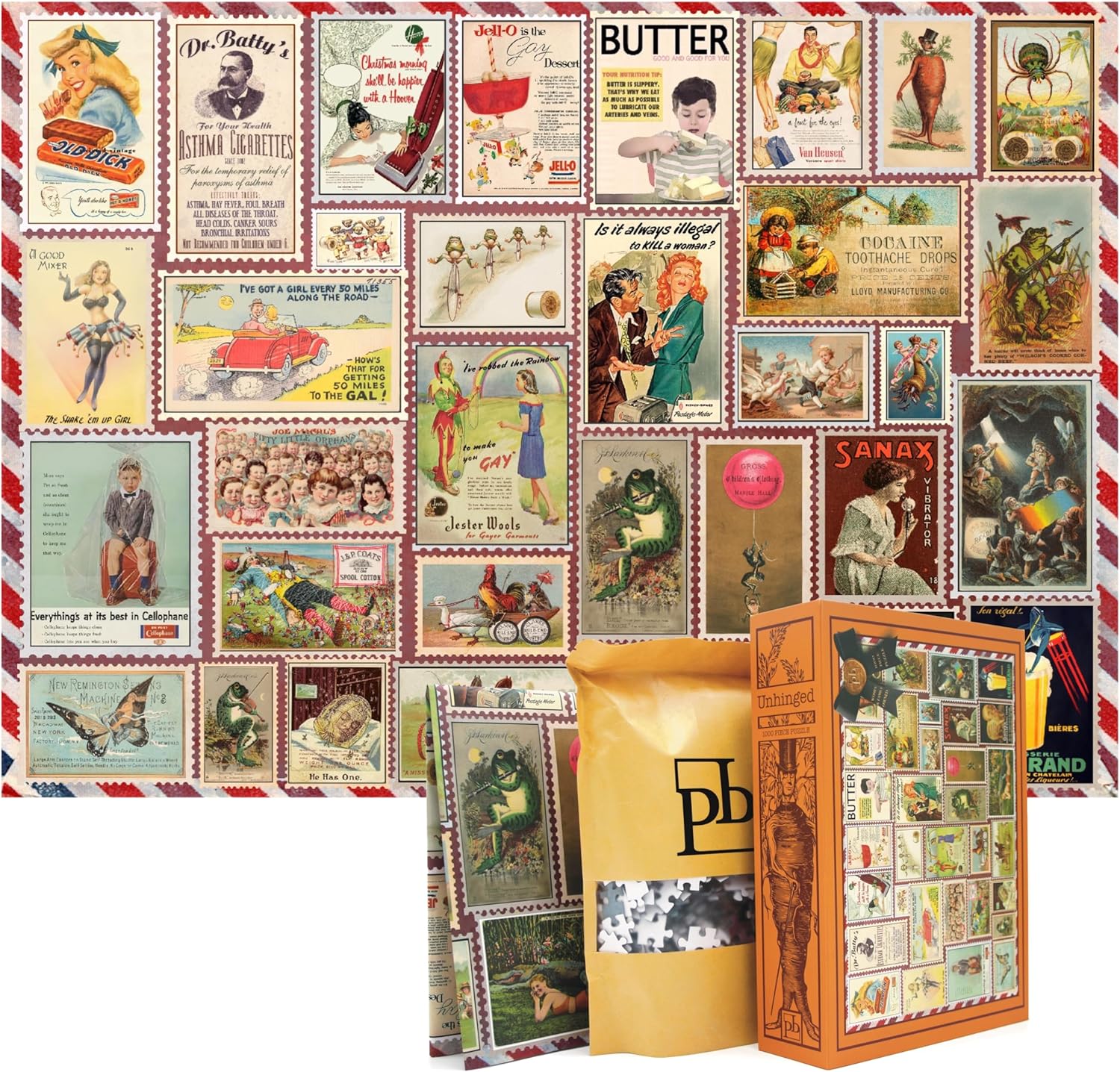 Western Wild Puzzles (Unhinged Stamps) - 1000 Piece Puzzle - No AI Art Ever - Funny Jigsaw Puzzles for Adults - Weird Vintage Ads - Size 50 x 70 cm