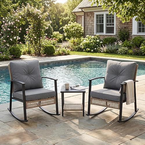 45% off promo code for TARKARI 3-Piece Patio Rocking Chairs Set of 2, Rocking Chair Bistro Set [Upgraded 2.0] & 2-Tier Coffee Table, Wicker Rocking on Amazon