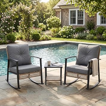 TARKARI 3-Piece Patio Rocking Chairs Set of 2, Rocking Chair Bistro Set [Upgraded 2.0] & 2-Tier Coffee Table, Wicker Rocking Chair Outdoor Patio Furniture Set for Backyard, Porch, Balcony Grey