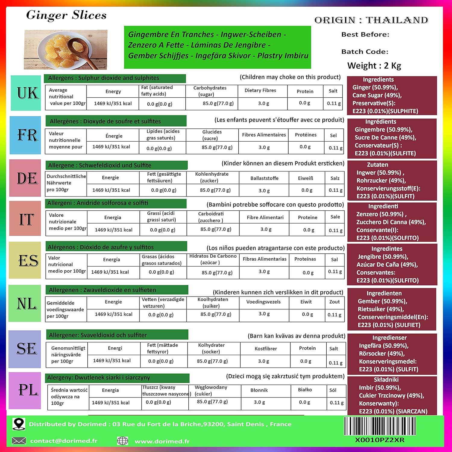 CRYSTALLIZED ginger 2kg | Canned Ginger Slats | Ginger Slices | Sweet Dried Gingers | Sweet Snack | Ideal for Recipes | Vegetarians and Vegans | Dorimed