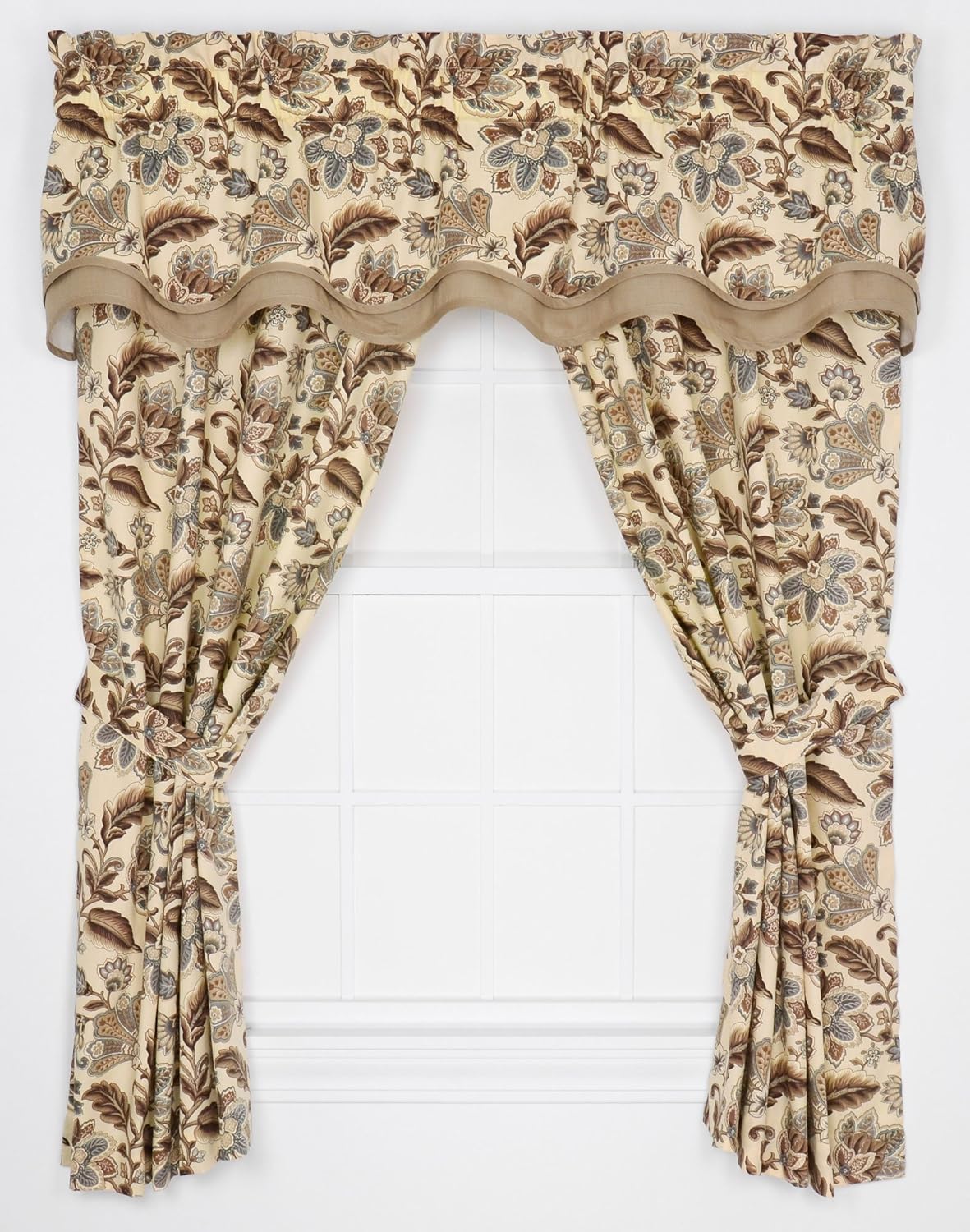 Ellis Curtain Valerie Jacobean Floral Print Tailored Panel Pair Curtains with Tiebacks, 68 by 63-Inch, Linen