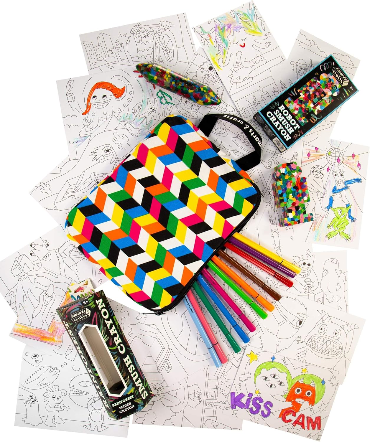 Smarts & Crafts Coloring Collection – Monster Coloring Cards and 12 Washable Markers with Carrying case, Rainforest Smush & Robot Smush Crayons – Creative Drawing Kit for Kids Ages 3+