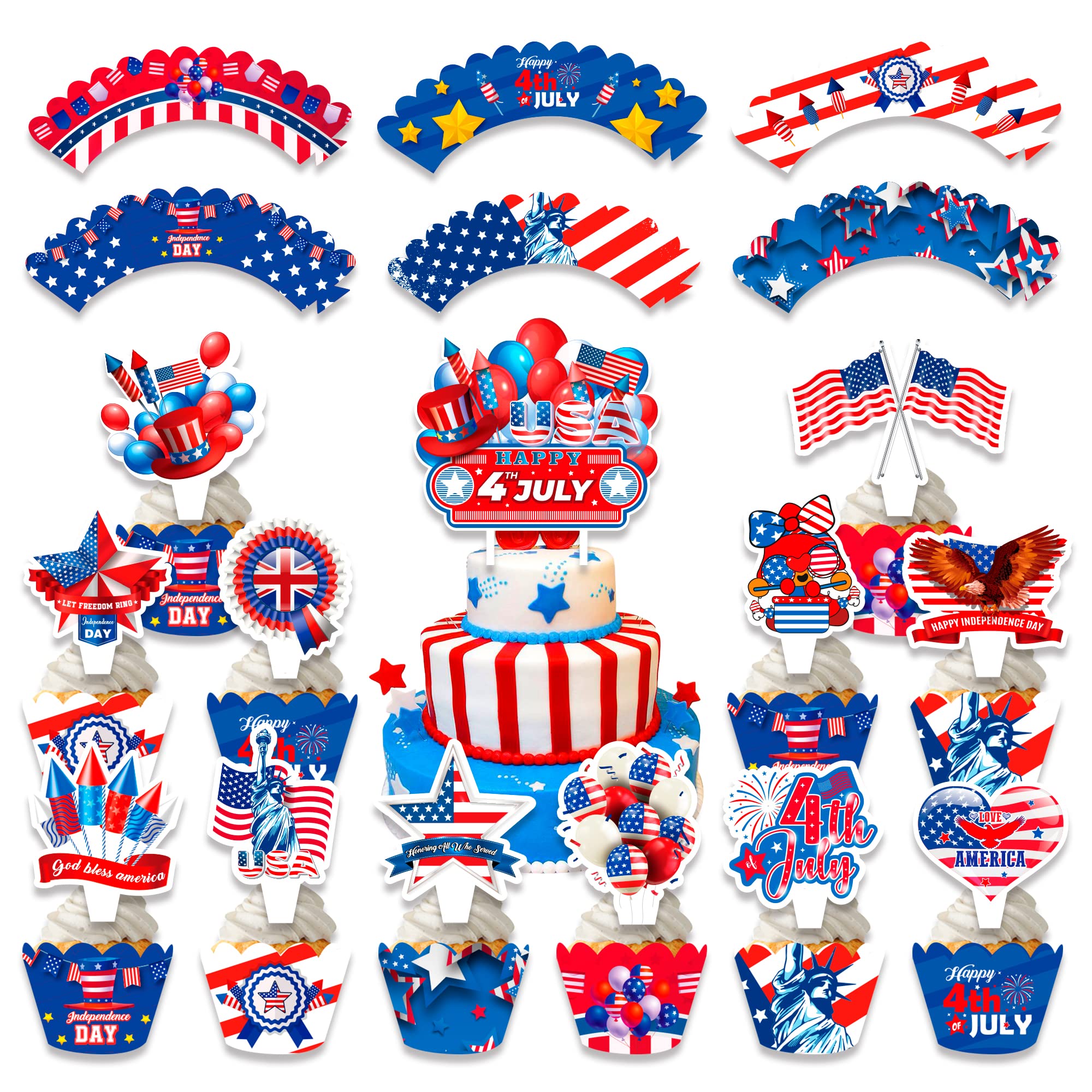 Photo 1 of 4th of July Cake Decorations Fourth of July Cake Topper Red White And Blue Cupcake Liners American Flag Cupcake Toppers Independence Day Cupcake Wrappers Patriotic Party Supplies For Americans