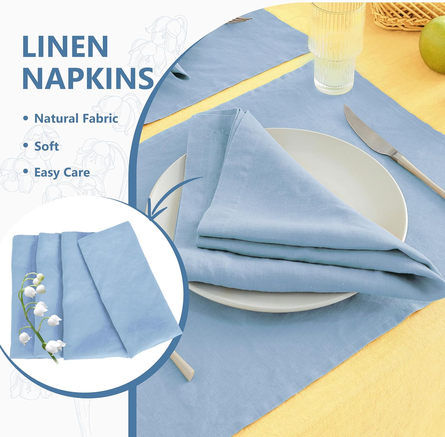 100% Linen Napkins 20x20Inch Set of 4,Cloth Napkins Dinner Napkins,Stone Washed Natural French Flax Napkins for Weddings,Decorative Easter,Mother's Day(Bule Bell)