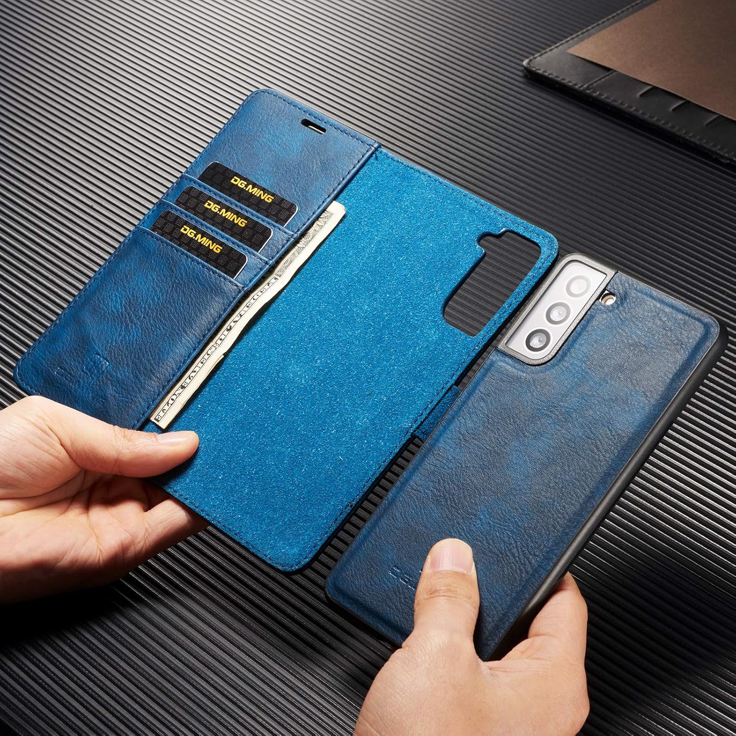 Detachable 2 in 1 Split Magnetic Flip Folio Wallet Case Compatible with Samsung Galaxy S21 FE Genuine Leather Phone Case with Card Holder Slots Kickstand Shockproof Cover(Blue)