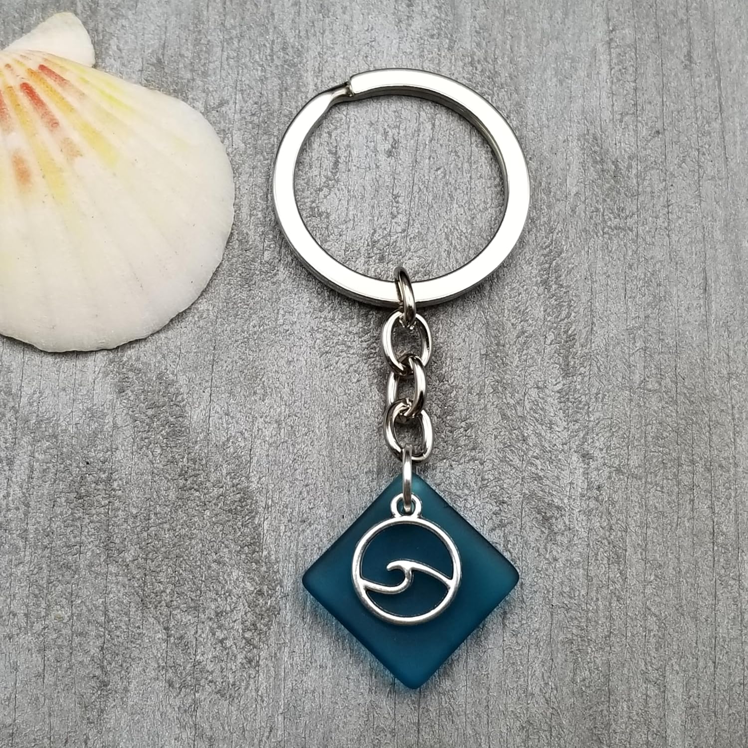 Sea Glass Jewelry, Hawaii Teal Sea Glass Keychain Gift, Unisex Gfit for Men or Women, Unique Gift with Wave Charm from Hawaii and the Ocean