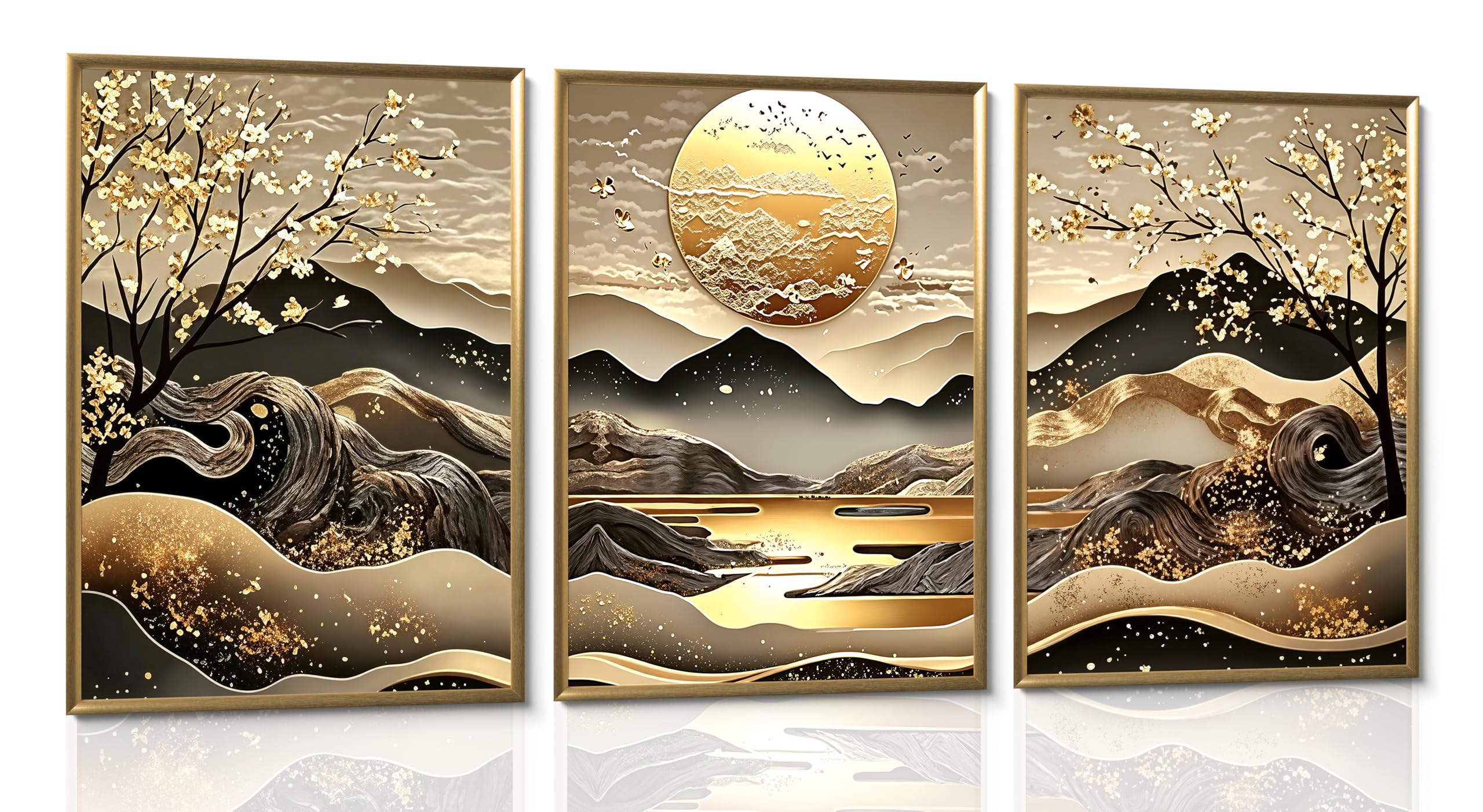 View 1 of (prints only no canvas) Burshley 3Pcs Gold Moon Mountain Tree Canvas Wall Art Black Gold