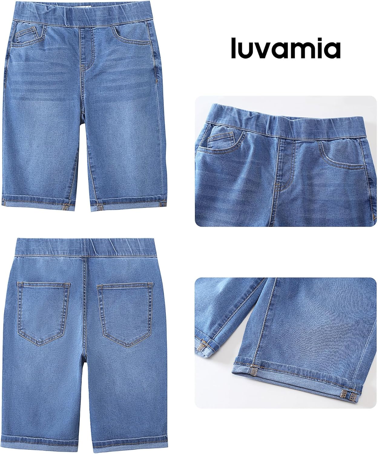 luvamia Bermuda Shorts for Women Jean Pull On Elastic Waist High Waisted Knee Length Fold Hem Stretchy Denim Long Shorts - Image 5