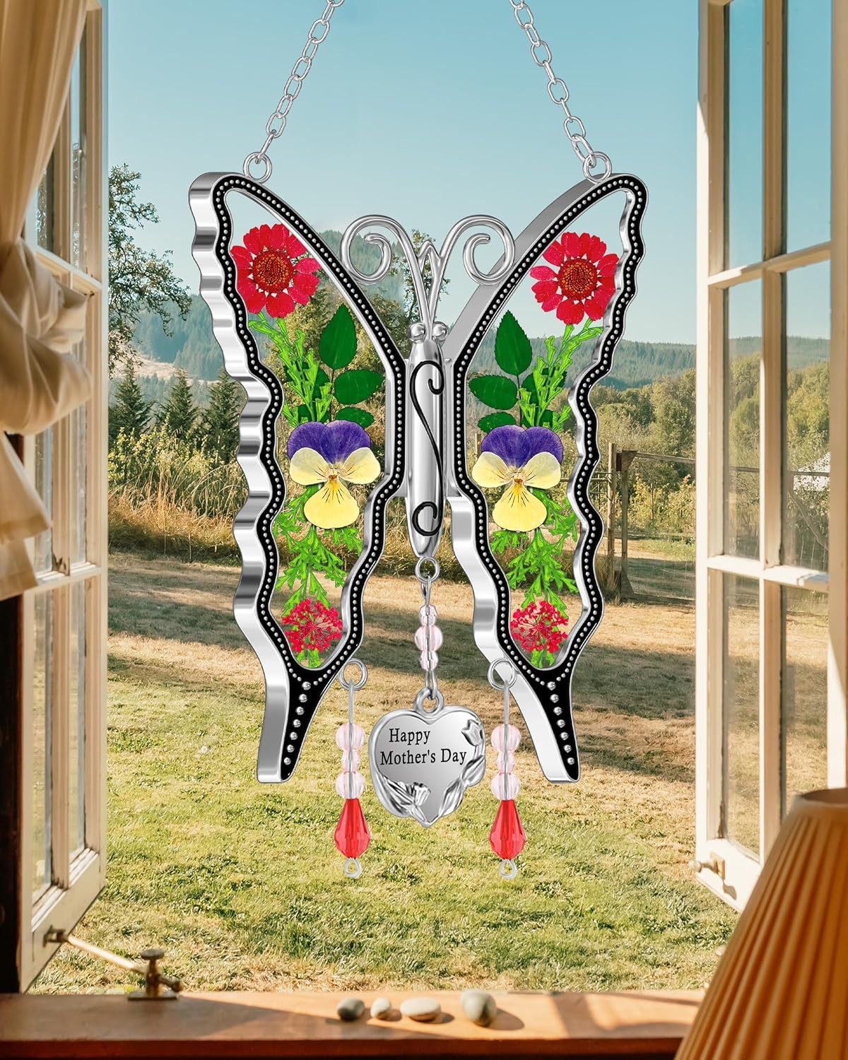 KY&BOSAM Gifts for Mom Butterfly Suncatcher Happy Mother's Day Stained Glass Sun Catchers for Windows Hanging Wind Chime Home Decor with Pressed Real Flowers and Heart Charm Gift for Women