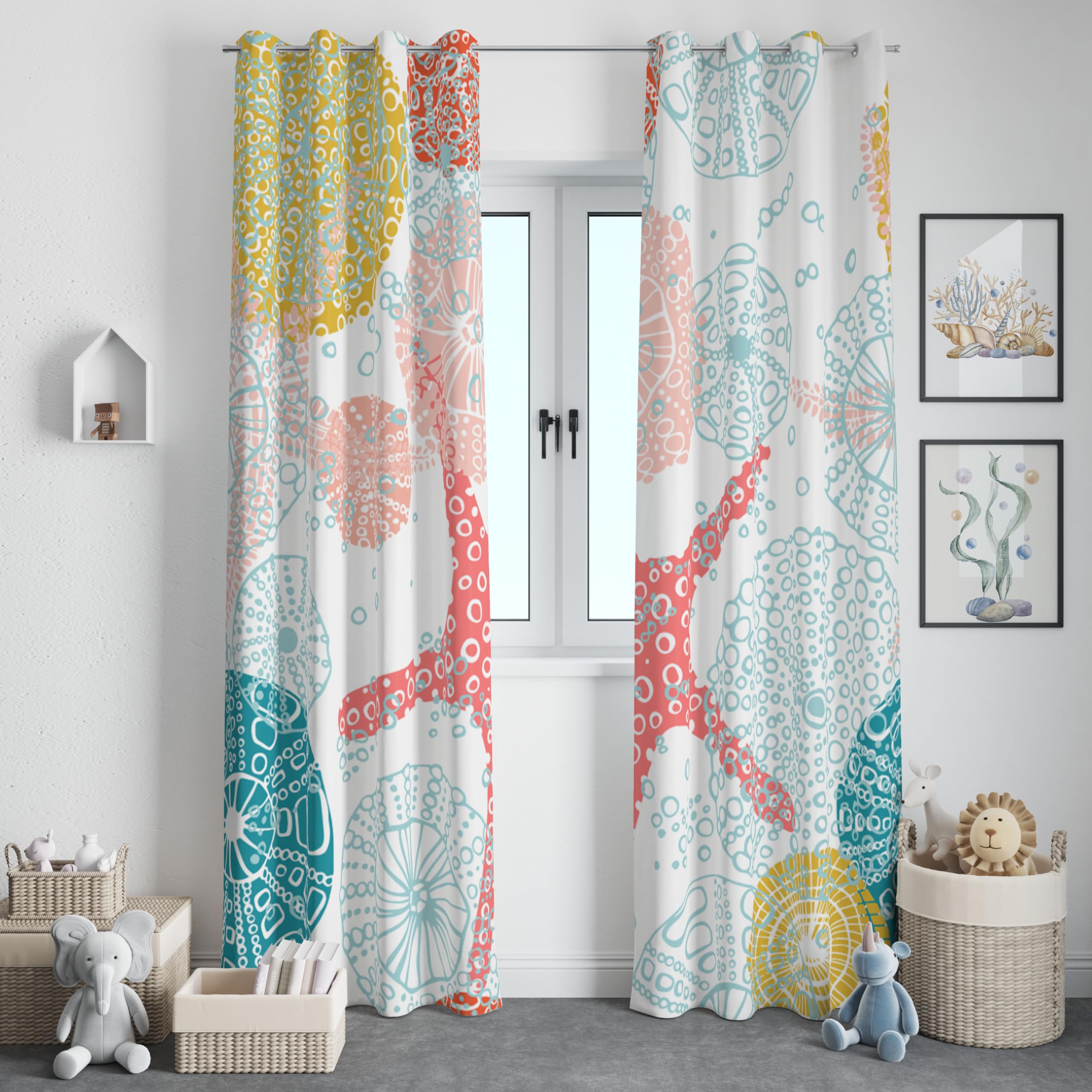 Llylumty Starfish Bedroom Curtains,Sea Ocean Coastal Theme Colorful Seashells Starfish Darkening Grommet Window Drapes 31.5x63in,2 Panel Set