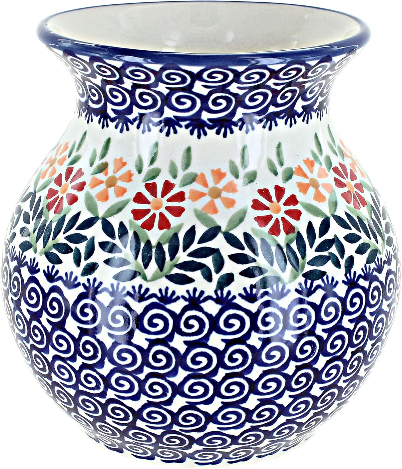 Blue Rose Polish Pottery - Orange Garden Bouquet Medium Vase - 6" Tall - Ceramic Flower Vase, Decorative Floral Design for Table, Shelf or Mantel Décor