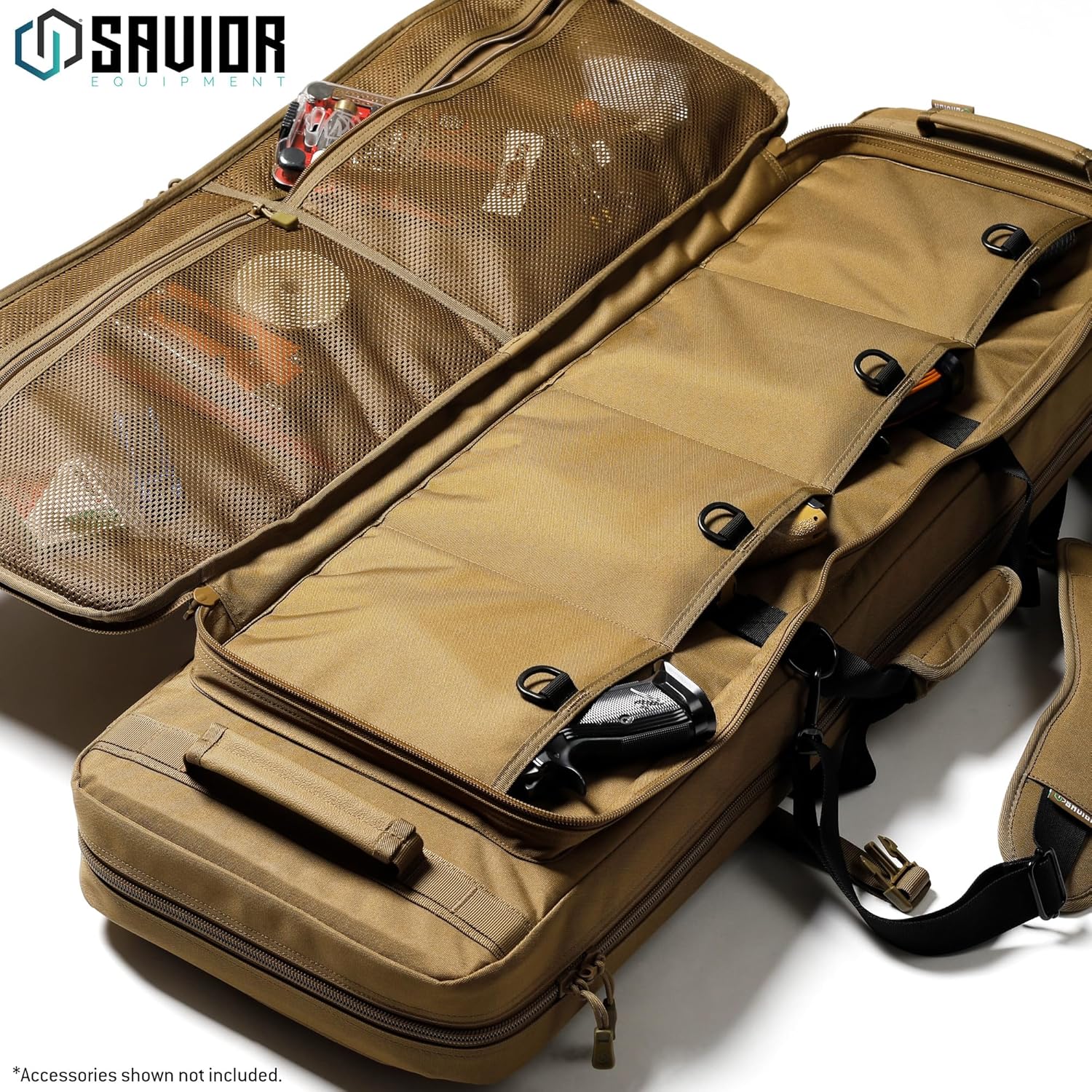Savior Equipment Specialist Series Tactical Double Long Gun Bag Case Backpack 4 Pistol Handgun Storage, Lockable Zippers, Padded Drag Handles, w/Adjustable Shoulder Strap, 42 Inch Flat Dark Earth Tan