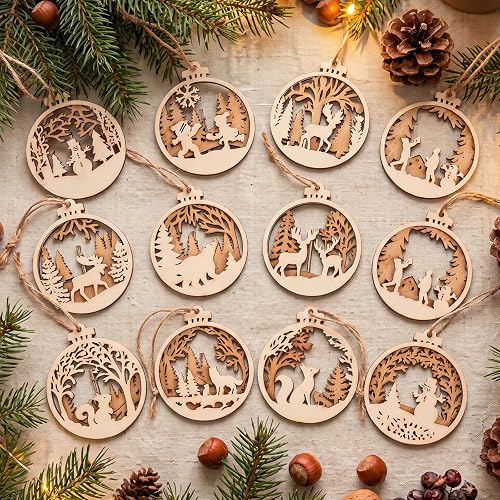 Kathfly 12 Pcs Woodland Christmas Wood Tree Ornaments Rustic Hanging