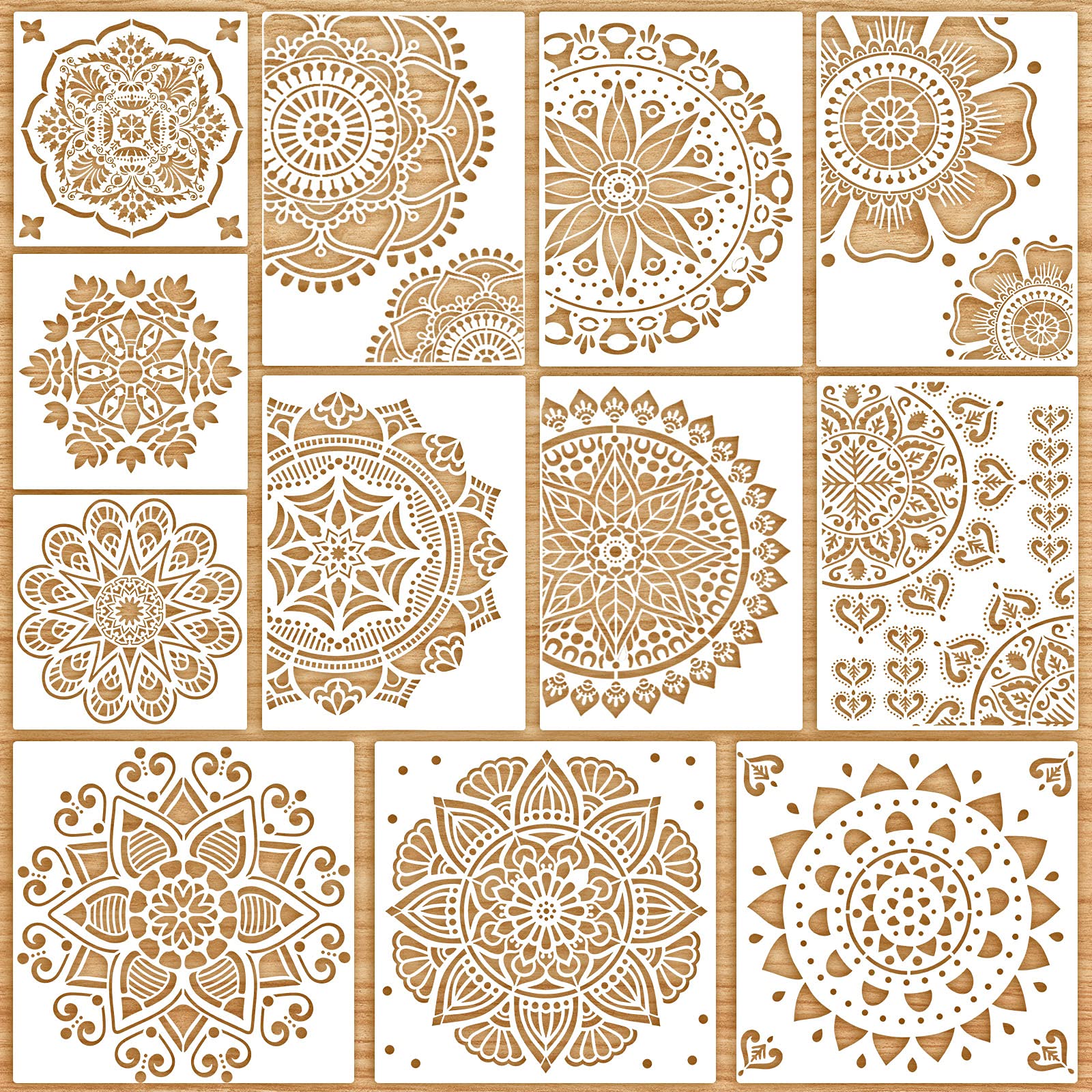 Zonon 12 Pieces Large Mandala Stencil Reusable Stencil Laser Cut Painting Template For Wall Tile Floor Fabric Furniture Painting,12 Styles,3 Sizes (Delicate Style)