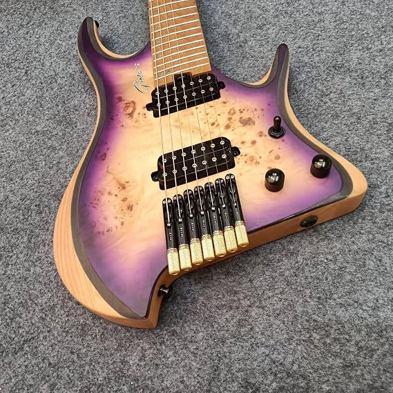 Purple 7-String Headless Electric Guitar, Maple Body & Neck, Rosewood Fretboard, Stainless Steel Strings