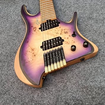Purple 7-String Headless Electric Guitar, Maple Body & Neck, Rosewood Fretboard, Stainless Steel Strings