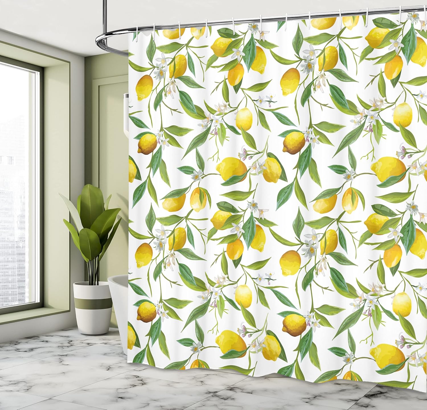 Ambesonne Nature Shower Curtain, Flowering Lemon Woody Plant Romance Habitat Citrus Fresh Background, Cloth Fabric Bathroom Decor Set with Hooks, 69" W x 84" L, Fern Green Yellow White