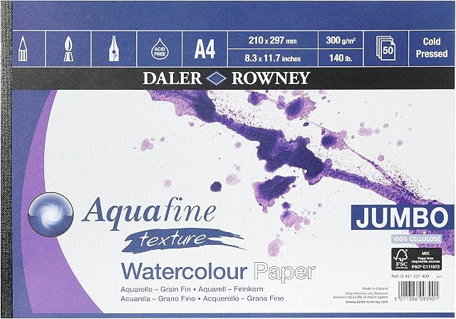 Daler Rowney - Jumbo Aquafine Textured Watercolour Sketchbook - 300gsm - 50 Pages - A4 Landscape - Made in England
