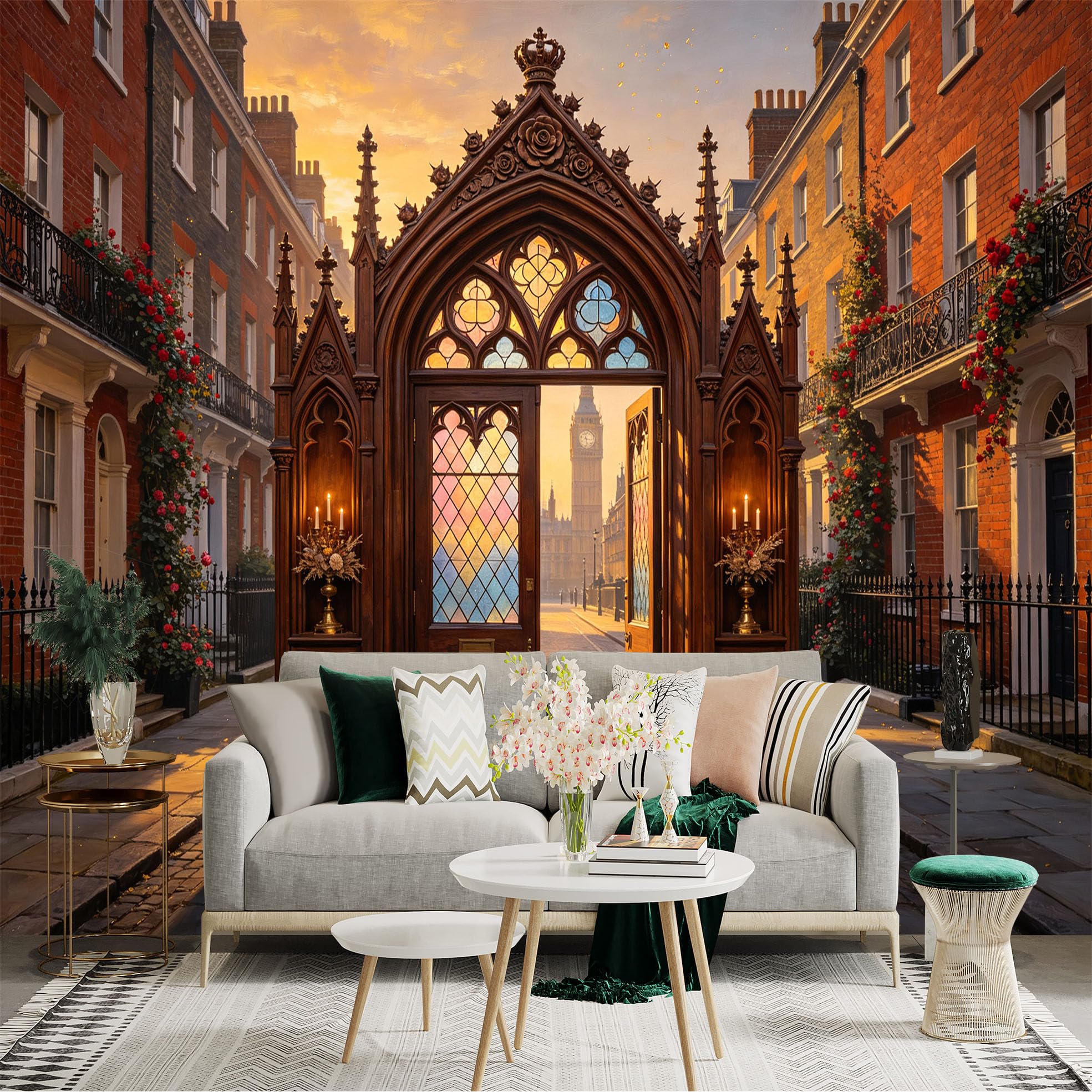 Custom Size Wall Sticker Mural， Gothic Archway with Stained Glass Door and Vintage City Street， for wall Decoration， peelandstick wall Decals.