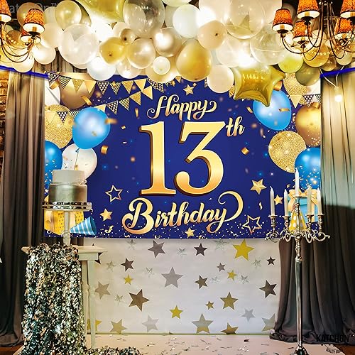 Miniatura 2 de KatchOn, Cartel azul extragrande de feliz cumpleaños número 13, 72 x 44 pulgadas, decoraciones de cumpleaños número 13 para niños y niñas,