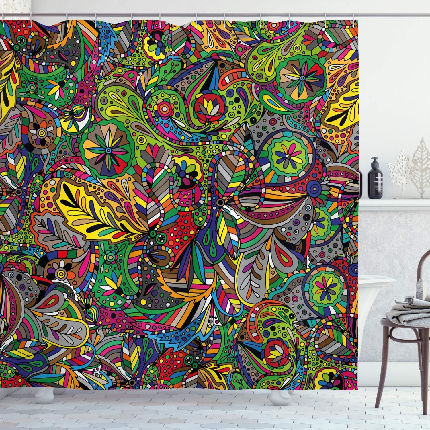 Ambesonne Colorful Shower Curtain, Funky Curly Detailed Doodles Tangled Trippy Pyschedelic Botanical Nature, Cloth Fabric Bathroom Decor Set with Hooks, 69" W x 70" L, Multicolor