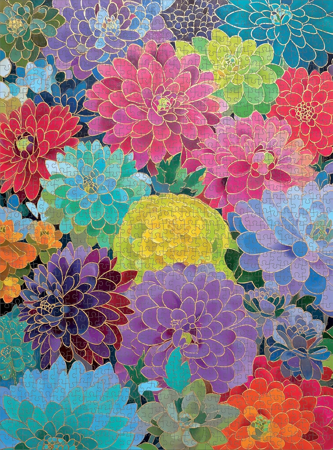 Cross & Glory – Gilded Dahlia Symphony – 1000 Piece Jigsaw Puzzle for Adults | Vibrant Floral Mosaic Art Puzzle | Gold Foil Dahlia Artwork | Premium Ribbon-Cut Puzzle with Satin Finish
