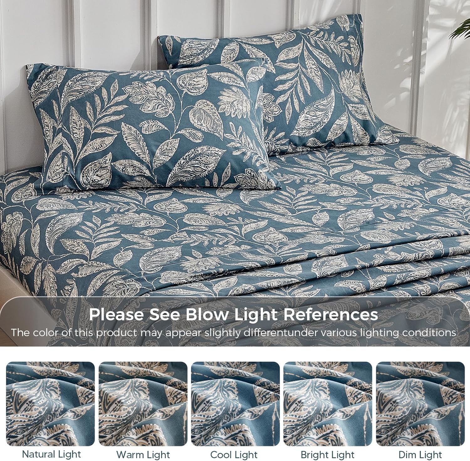 Tokokimo Paisley Sheets Set King Size, 15 inches Deep Pocket Fitted Sheet, Flat Sheet & Envelope Closure Pillowcases, Soft Breathable Microfiber Sheet Set 4-Piece, Blue Leaf Floral