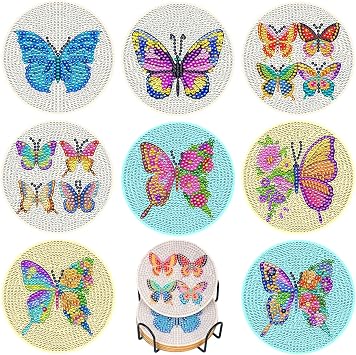Ritzephyria 8Pcs Diamond Art Coasters Kit Crafts for Adults Women, Small Animals & Floral Diamond Painting Drink Mats with Holder, Diamond Dot Art Set Butterflies