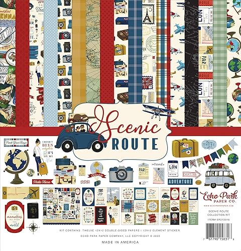 Echo Park Paper Company SR212016 Scenic Route Collection Kit de papel, rojo, azul marino, dorado, azul