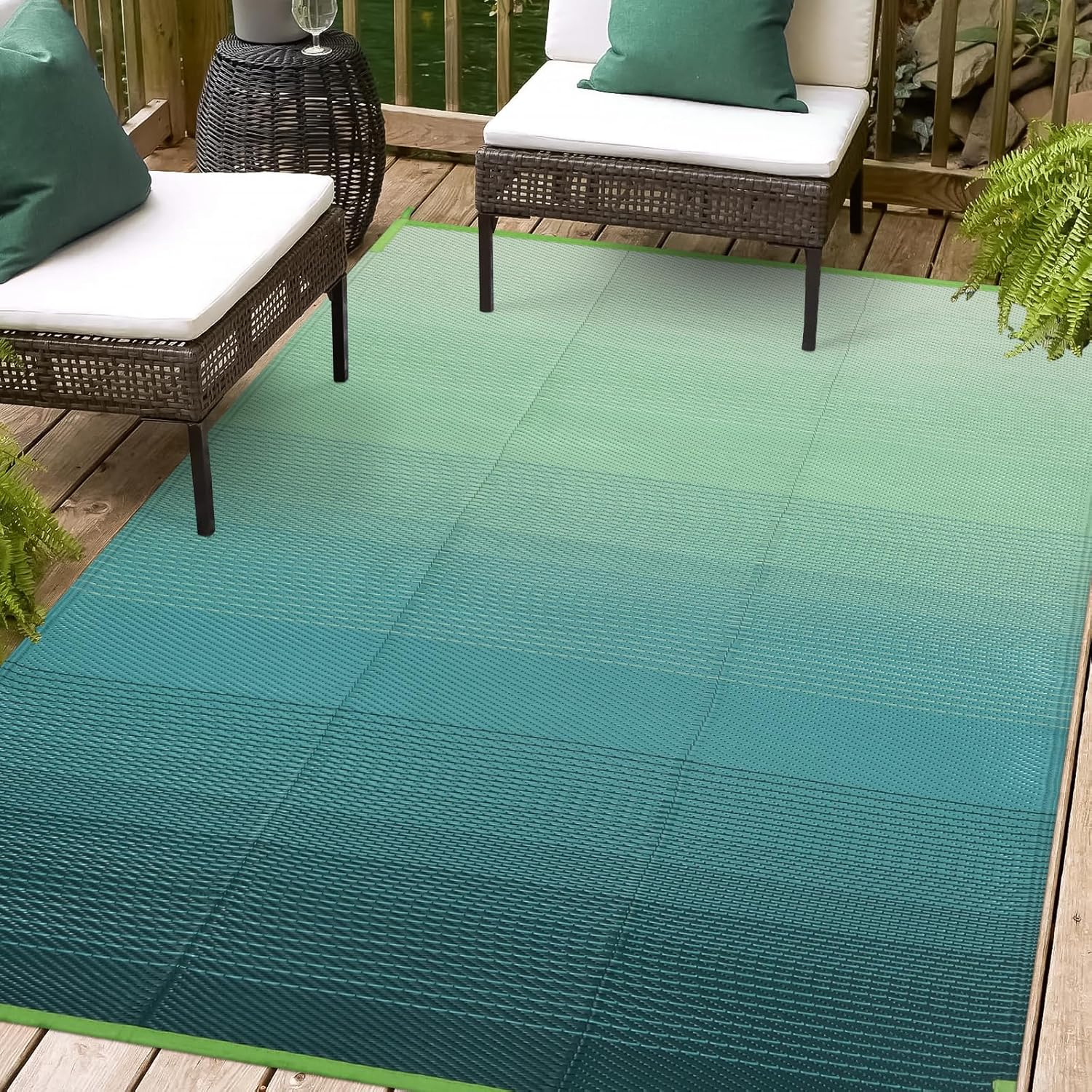 Lahome Outdoor Plastic Straw Rug 5x8, Reversible Waterproof Outdoor Rug Rv Outdoor Mats for Camping Large Carpet for Porch, Deck, Camper, Balcony, Picnic, Blue-Green 5x8
