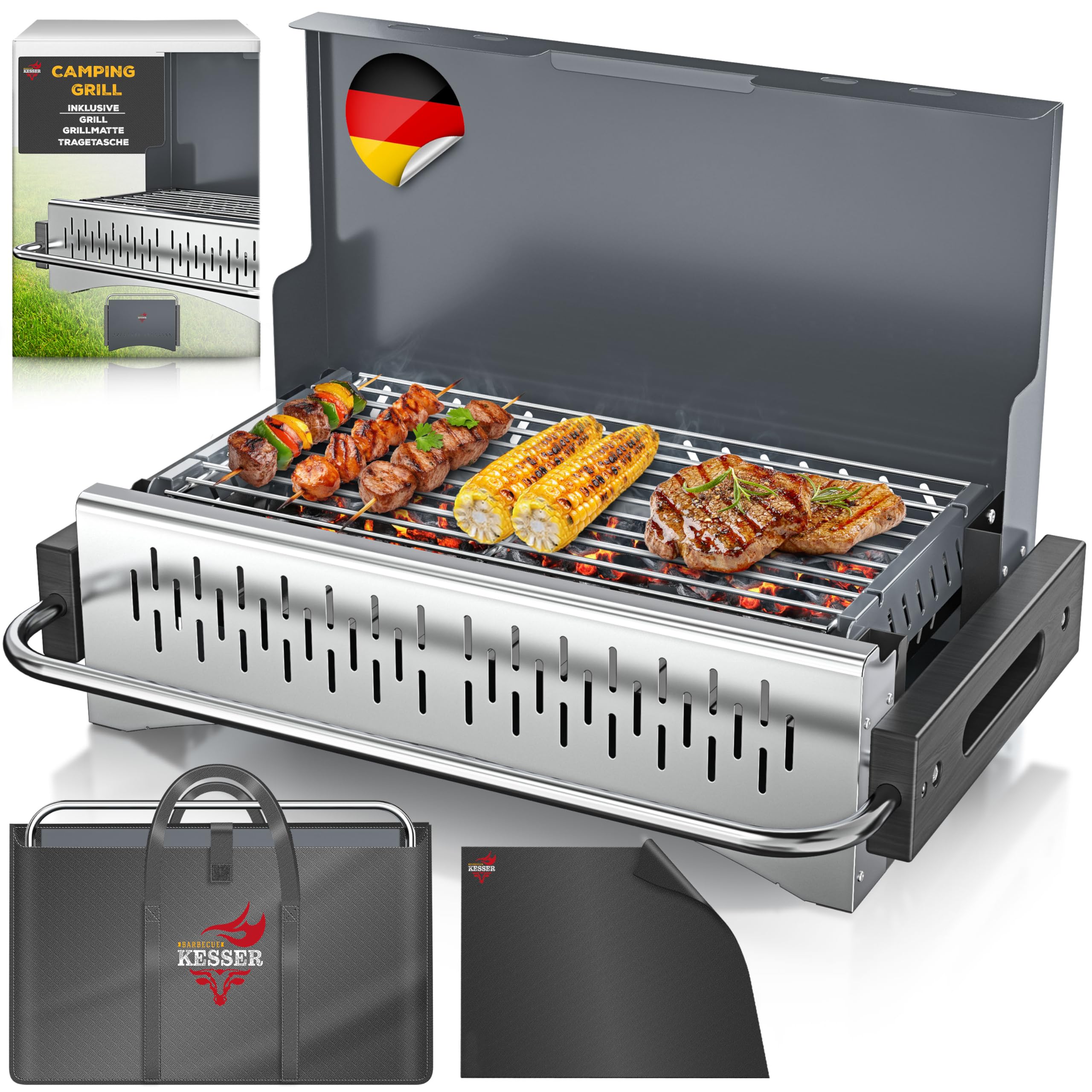 KESSER® Klappgrill tragbarer Camping Grill | Holzkohlegrill aus pulverbeschichtetem Stahl inklusive Grillrost, Grillmatte & Tragetasche | Faltbar BBQ ideal für Camping, Picknick & Angeln